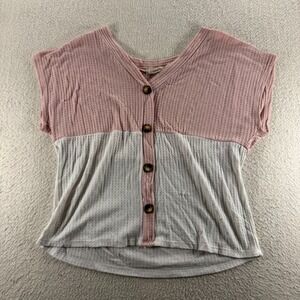 Liberty Love‎ Top Womens Large Pink Gray Cotton Stretch Waffle Knit Button Front